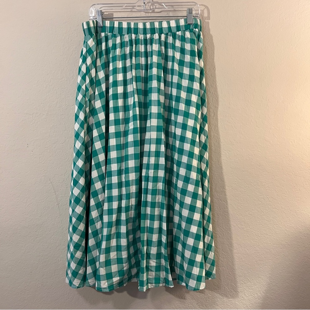 A New Day Green Gingham Pleated Midi Skirt, Size Large – EUC, Rayon / Polyester